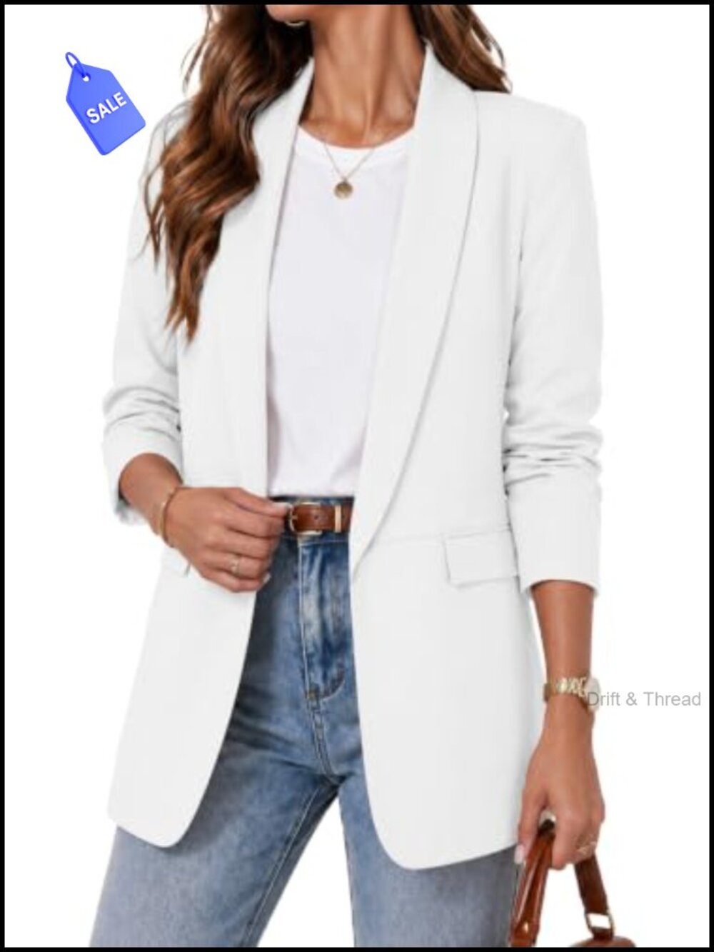 Womens Open Front Blazer Ruched 3/4 Sleeve Business Casual Lightweight